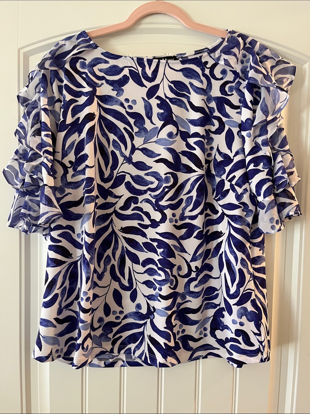 Sara Michele white Blouse with Blue Leaf Print and Ruffled Sleeves